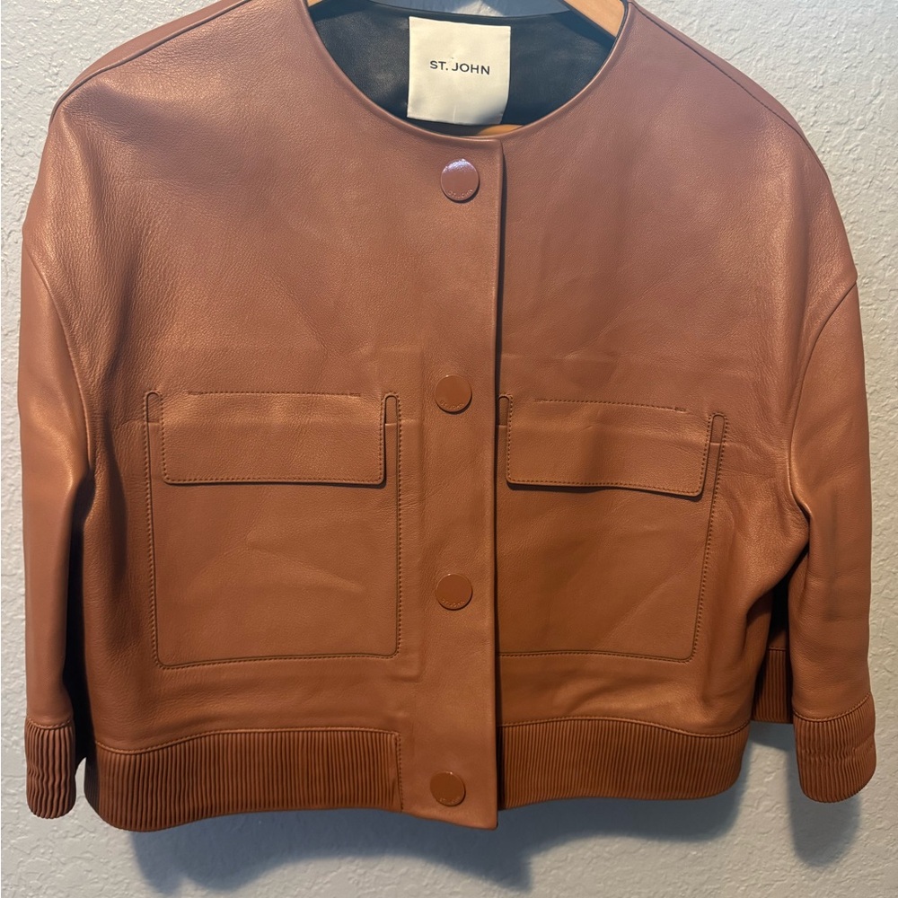 St. John Knits Brown Leather Jacket Spring 2023